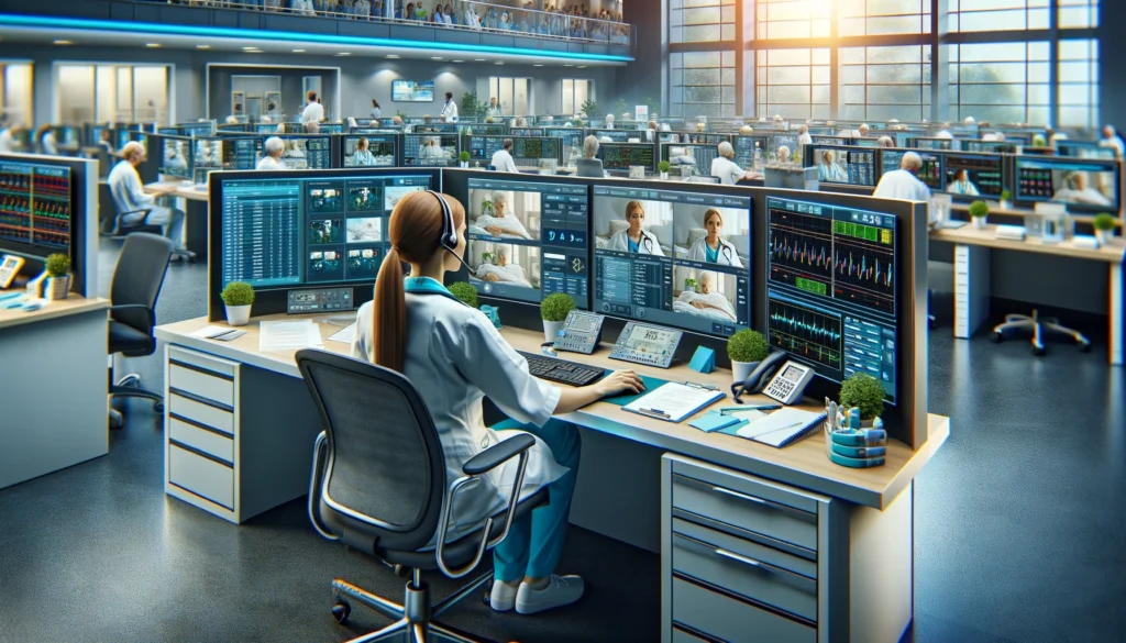 Een fictief toekomstbeeld met een callcentrum voor telemonitoring in de zorg. Gegenereerd met DALL-E. 