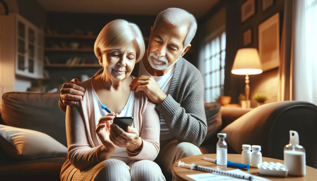 Een ouder echtpaar kijkt naar de diabetes app op de telefoon van de echtgenote. Haar man ondersteunt haar. 