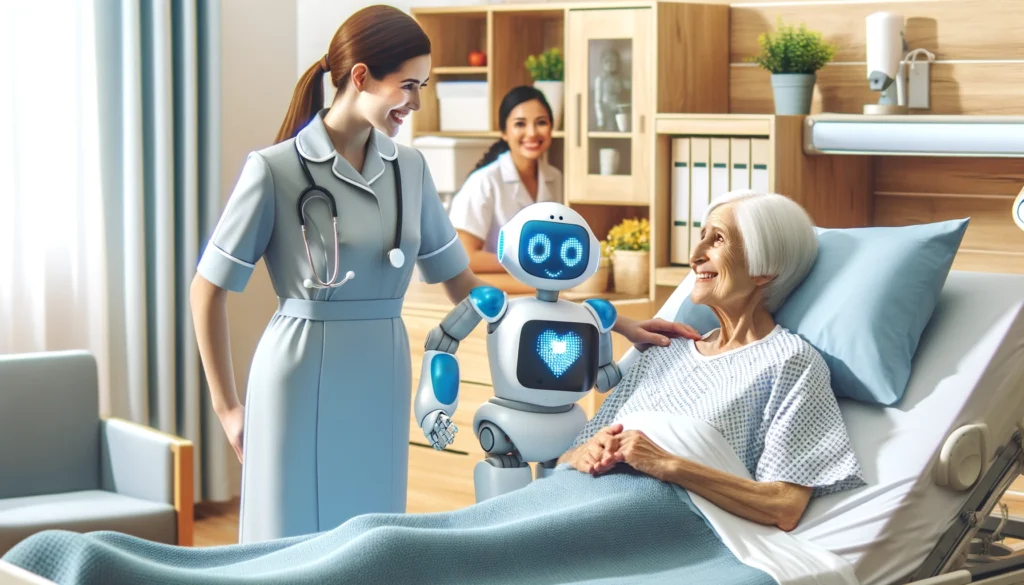 Een fictieve weergave van een sociale robot aan het bed van de patiënt. Gegenereerd met DALL-E. 