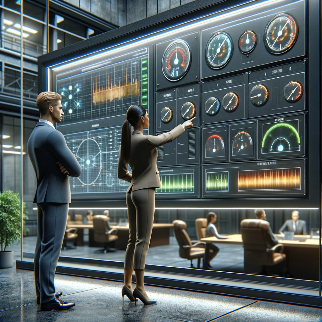 Twee professionals analyseren een groot muurdashboard in een moderne kantoor- of controlekamer. Eén persoon wijst naar een meter, terwijl de ander aandachtig observeert. Het dashboard bevat meerdere analoge meters en digitale displays met wijzers die van groen naar geel, oranje en rood lopen, wat prestatie-indicatoren weergeeft. 