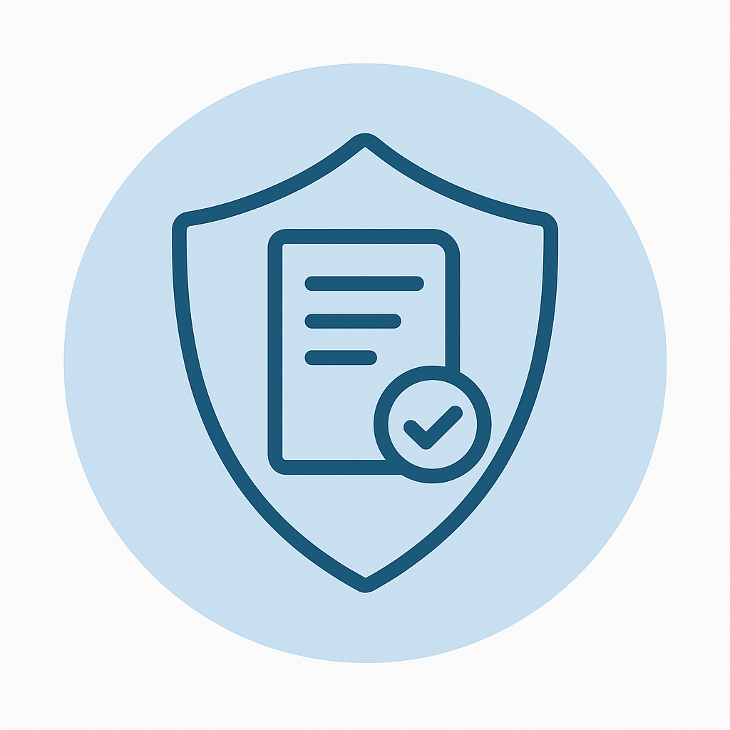 Icoon van een schild met een document en vinkje, symbool voor veiligheid en CE-markering