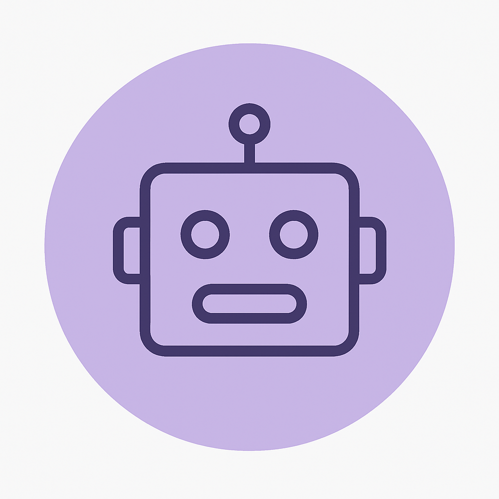 Lila icoon met een robotgezicht, symbool voor technologische innovatie en kunstmatige intelligentie in de zorg